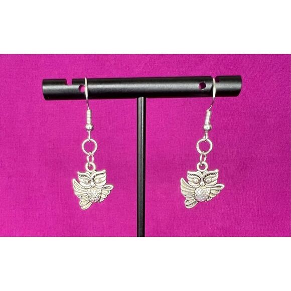 Handmade Silver Dangly Flying Owl Earrings - Picture 2 of 3